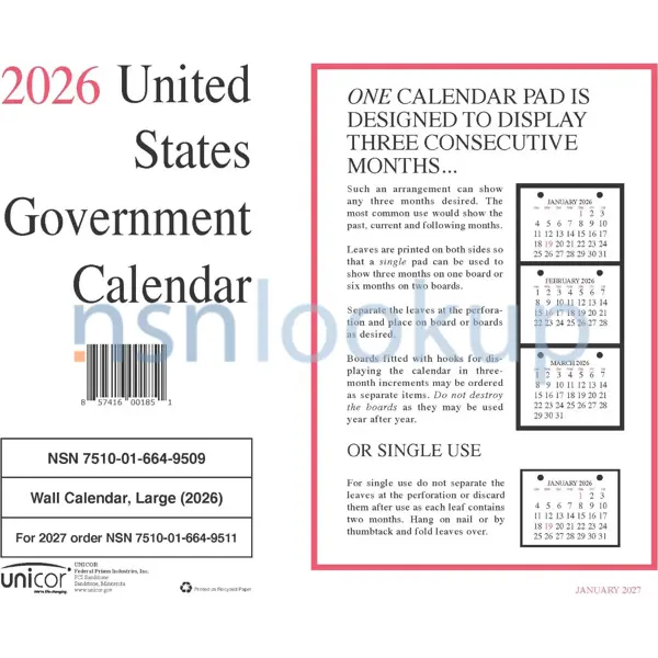 7510-01-664-9509 CALENDAR,WALL 7510016649509 016649509 1/1 7510-01-664-9509 CALENDAR,WALL 7510016649509 016649509 1/1